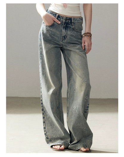 "Passing By the Sea" Vintage Blue Rhinestone Bow Wide-Leg Jeans