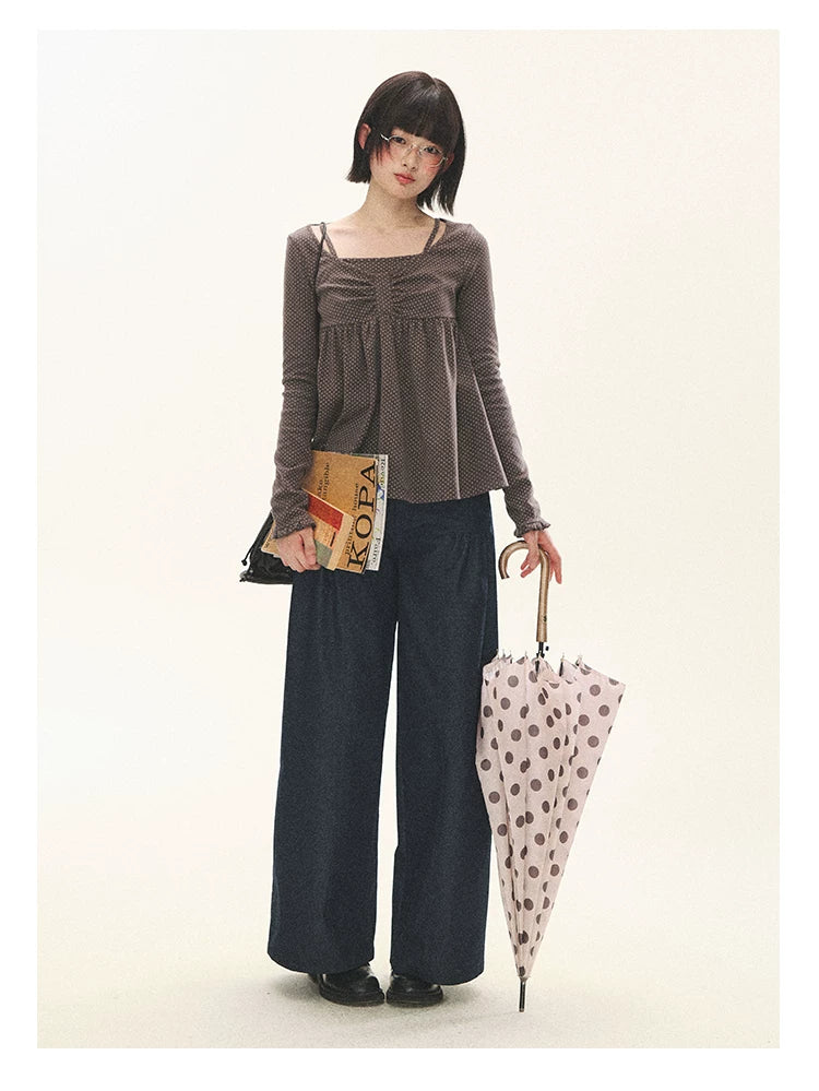 "Sweet Favorite" Polka Dot Faux-Layer Bow Knit Top (Gray Brown/ Blush Pink)