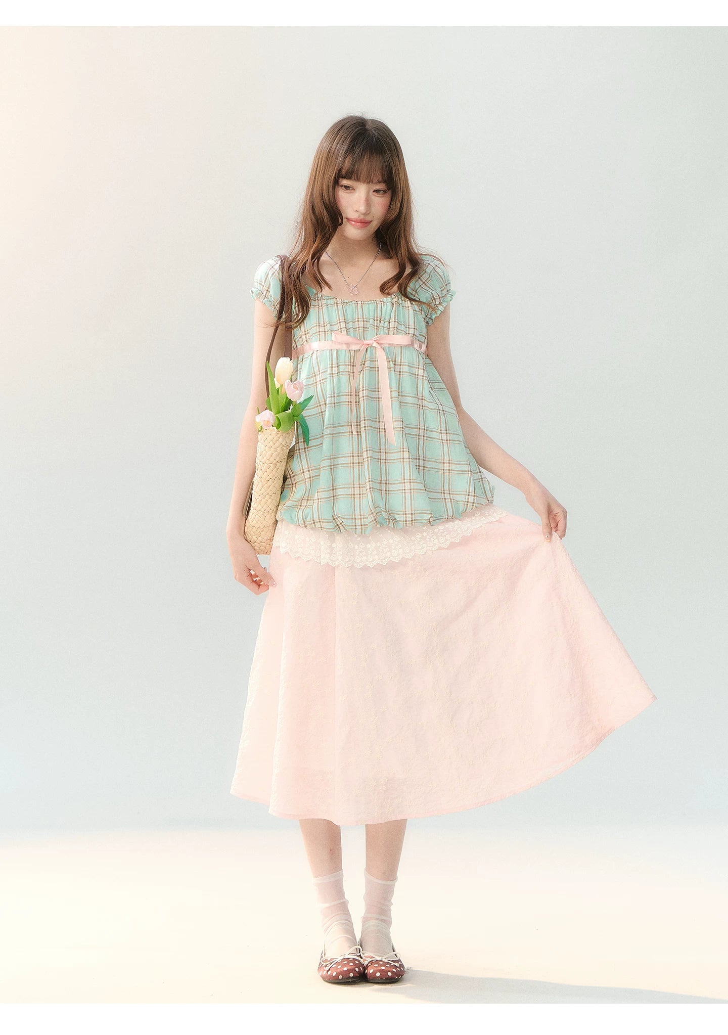 "Mint Peach Whisper" Mint Green Plaid Embroidered Skirt Set LL2026196