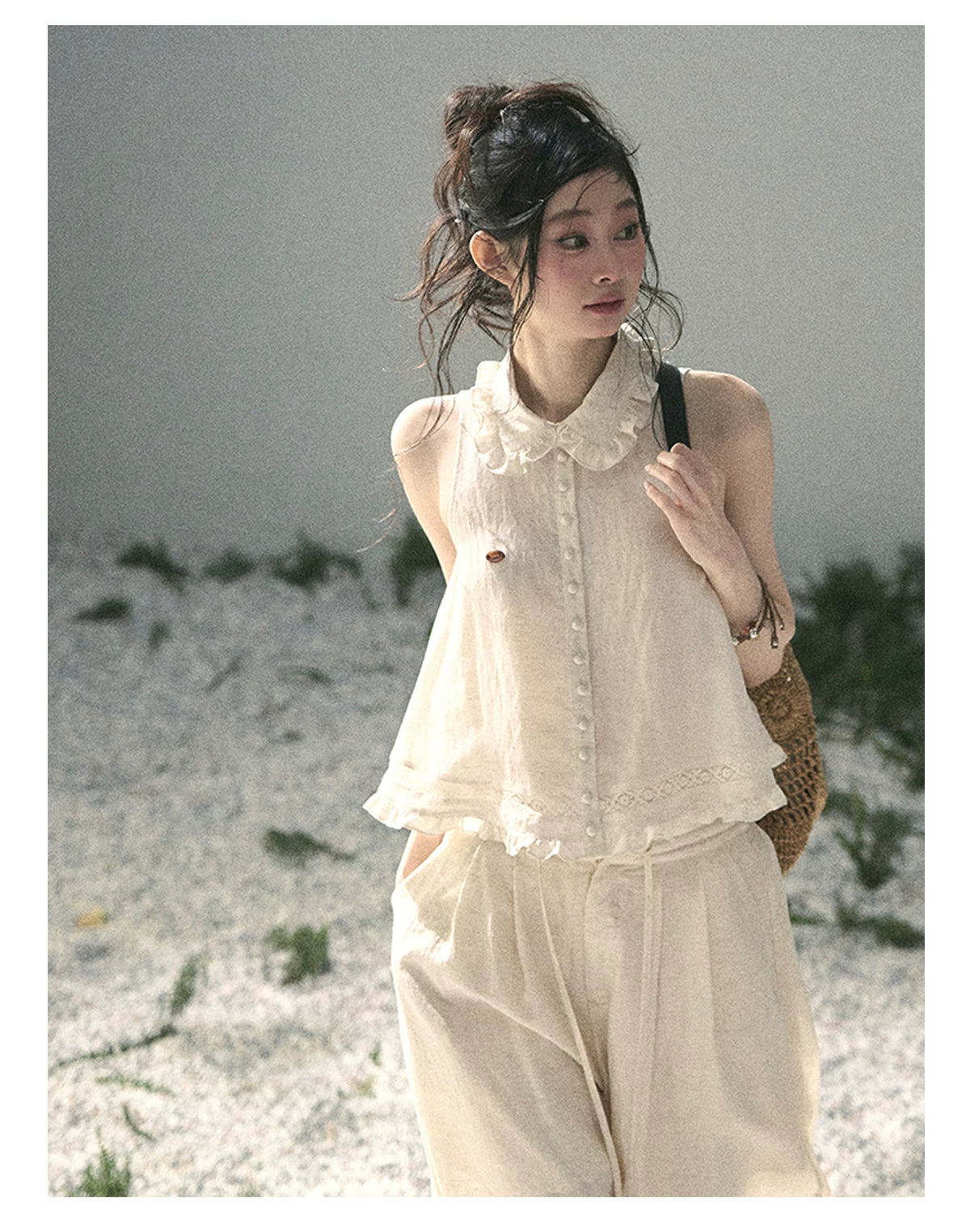 "Soft Cloud Reverie" Dutch Cream Lace Top & Bubble Skirt & Wide-Leg Pants Set 5468465