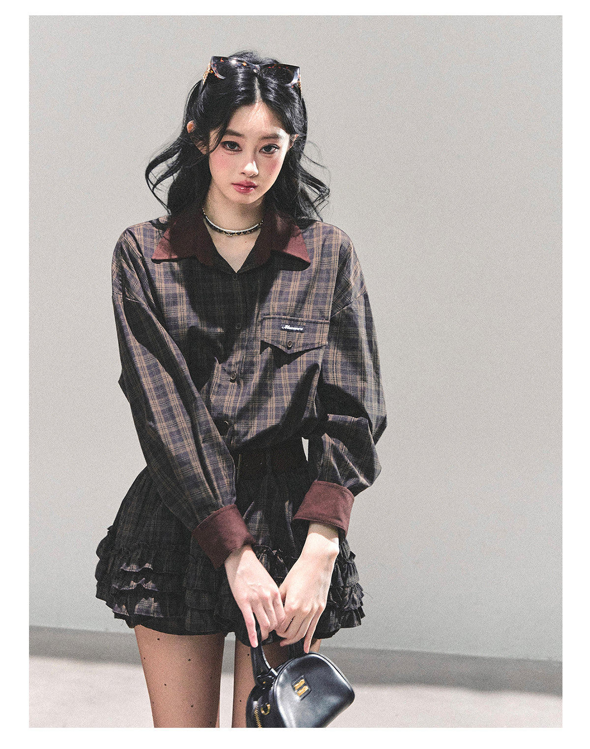 少也眼 “Trajectory of the Sunset” Plaid Polo Shirt Dress with Belt – Mocha Brown 7687648