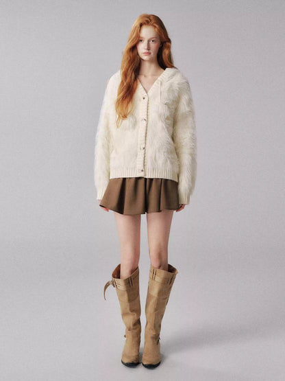 "毛绒雪怪" Beige Faux Fur Pom Knit Hoodie Cardigan