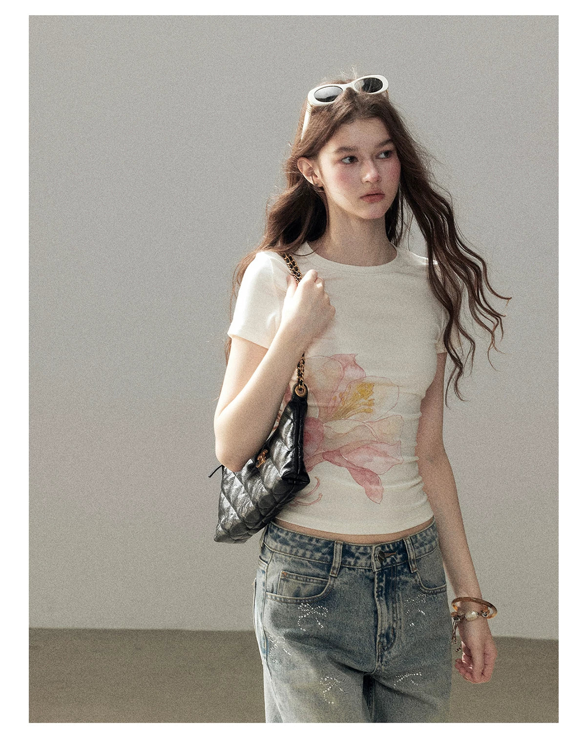 "Passing By the Sea" Vintage Blue Rhinestone Bow Wide-Leg Jeans
