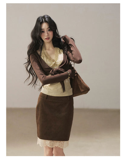 AOMALM - "Tender in This Moment" Rich Cocoa Faux Two-Piece Lace Top