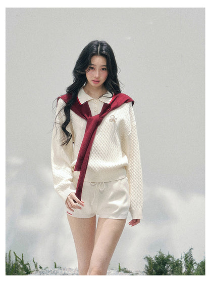 少也眼 “Campus Muse” Apricot Preppy Three-Piece Knit Set 6785654