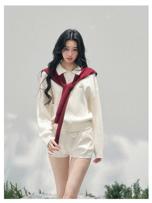 少也眼 “Campus Muse” Apricot Preppy Three-Piece Knit Set 6785654