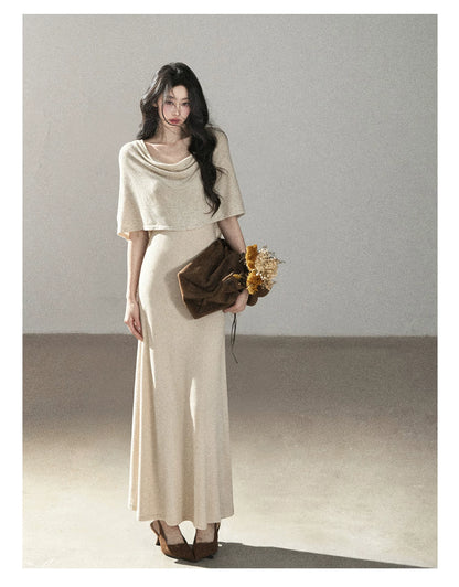 AOMALM - French-Inspired Two-Piece Maxi Dress Set with Layered Cape Overlay