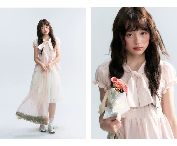 "Rosy Whisper" Dusty Pink Bow Embroidered Puff Sleeve Blouse