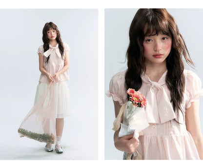 "Rosy Whisper" Dusty Pink Bow Embroidered Puff Sleeve Blouse