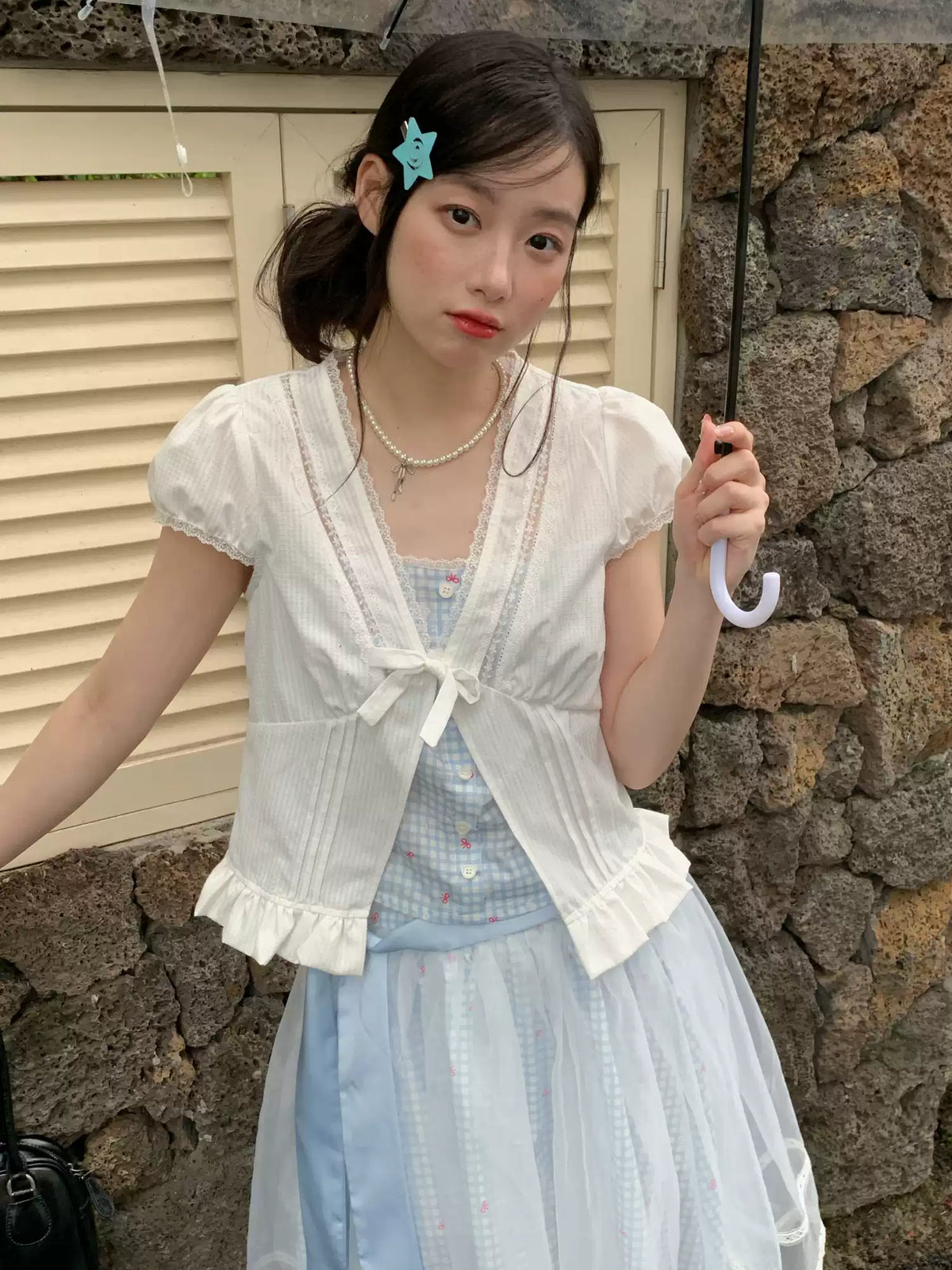 [RF] “Sweet Bluebell” Light Blue Plaid Lace-Trim Three-Piece Set