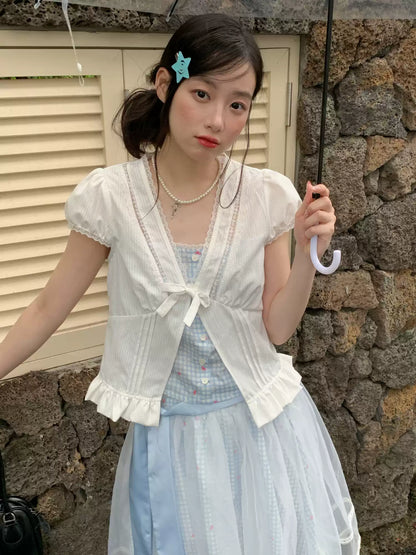 [RF] “Sweet Bluebell” Light Blue Plaid Lace-Trim Three-Piece Set