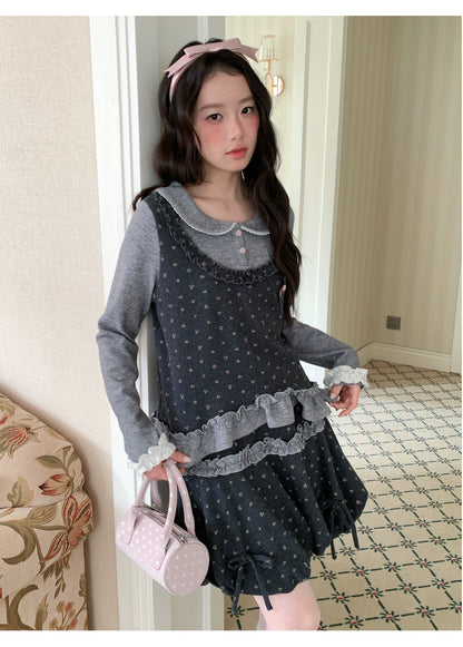 [[RF] “Gray-Toned Layered Charm” Gray Floral Two-Piece Skirt Set