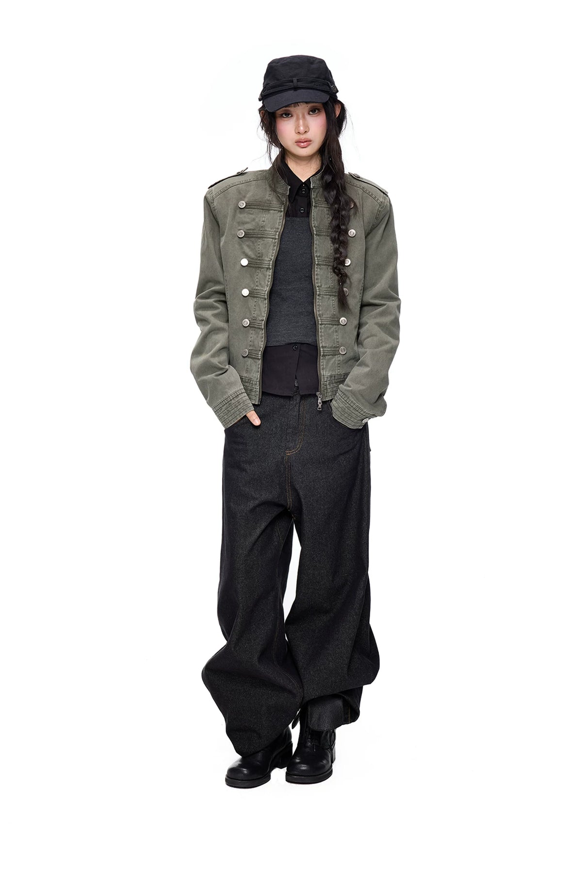EZEK | Vintage Washed Denim Jacket with Hood and Double-Breasted Buttons (Military Green / Heather Gray)