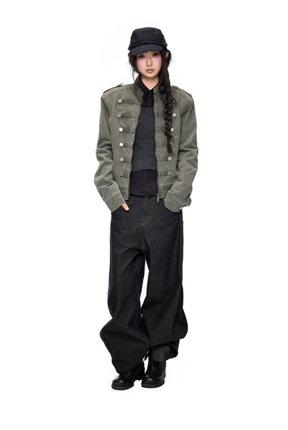 EZEK | Vintage Washed Denim Jacket with Hood and Double-Breasted Buttons (Military Green / Heather Gray)