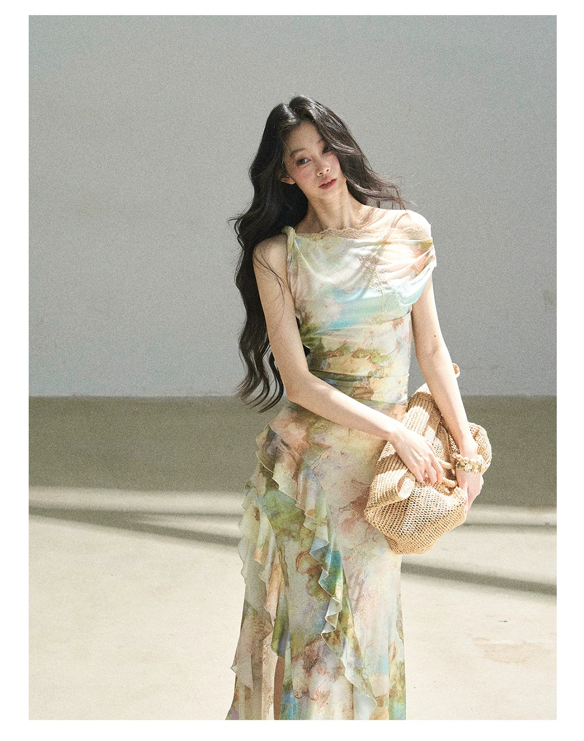 "Daisies & Poppies" Misty Meadow Off-Shoulder Lace Maxi Dress