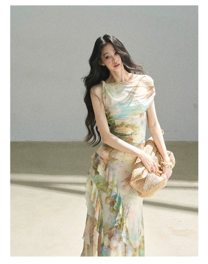 "Daisies & Poppies" Misty Meadow Off-Shoulder Lace Maxi Dress