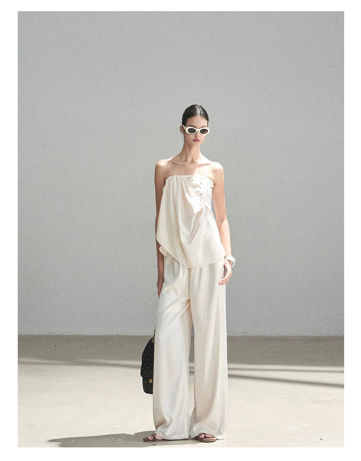 "Summer Rain at Dusk" Cream Beige Satin Two-Piece Set