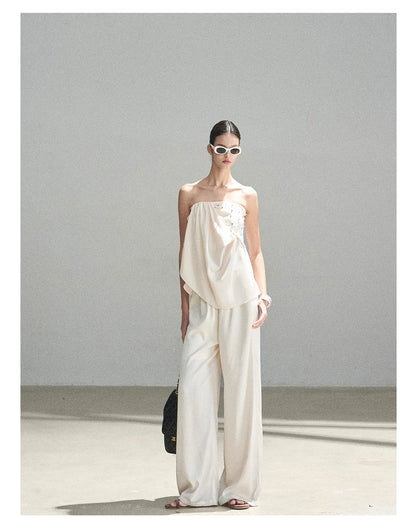 "Summer Rain at Dusk" Cream Beige Satin Two-Piece Set