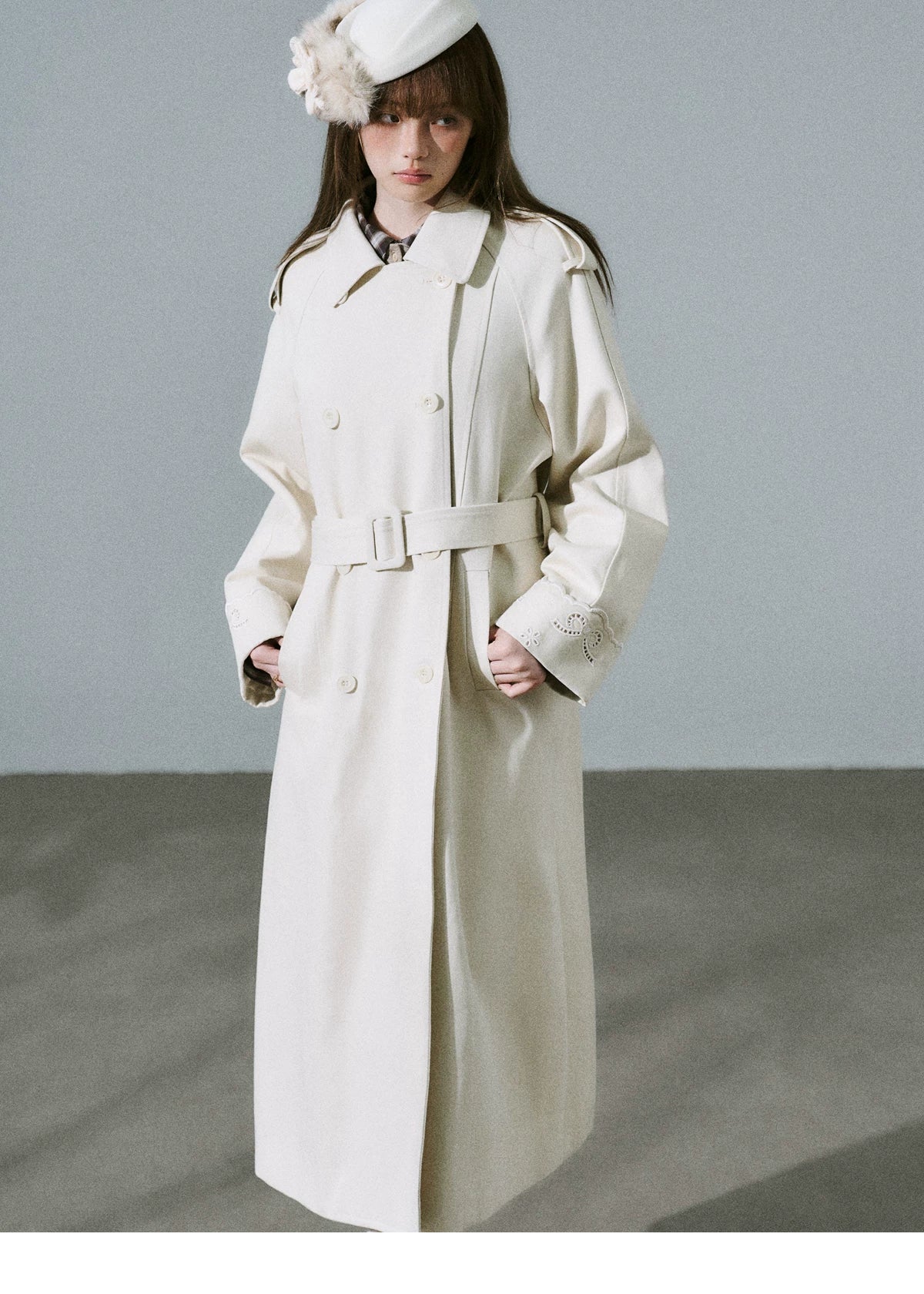 LOST FOREST - Almond Milk White Cutout Embroidered Trench Coat