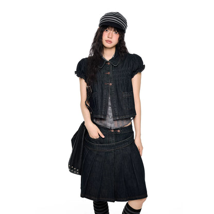 Vintage Peter Pan Collar Puff Sleeve Denim Set