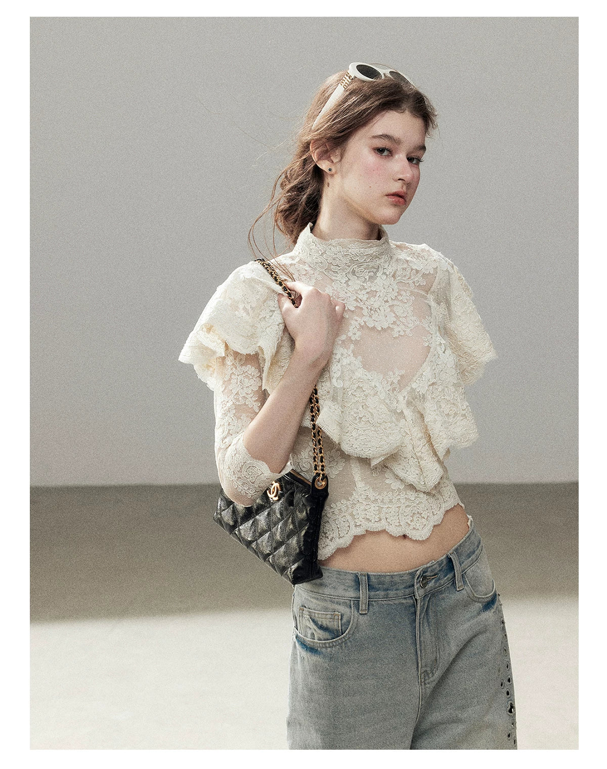"Translucent Bloom" Dutch Cheese Lace Cropped Top