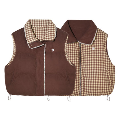 ASGONY - Reversible Plaid Lace-Trim Quilted Vest (Brown / Gray)