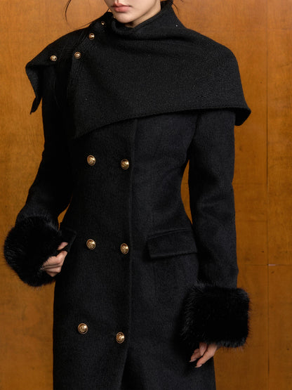 "Manor Elegance" Detachable Faux Fur Wool Coat & Knit Scarf Set