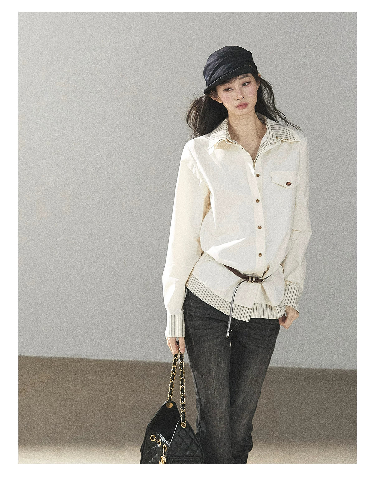 AOMALM - Cream White Stripe Belted Shirt Top