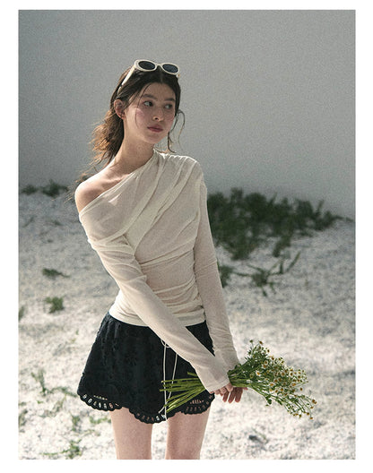 “Where Shadow Walks Beside Light” Milk Apricot Asymmetrical Top