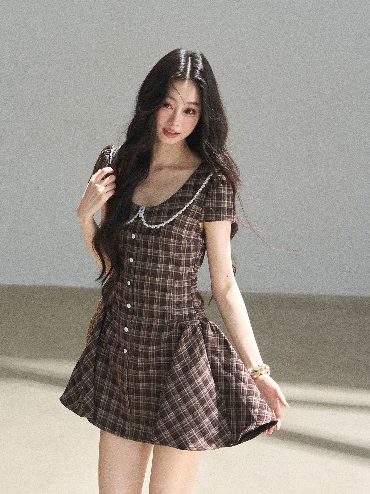 "The Camphor Tree in Late May" Chestnut Brown Plaid Peter Pan Collar Babydoll Mini Dress
