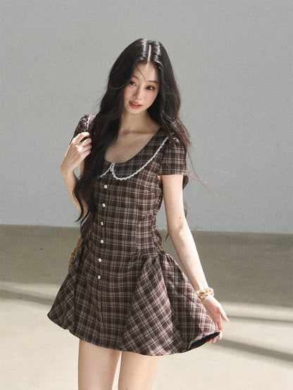 "The Camphor Tree in Late May" Chestnut Brown Plaid Peter Pan Collar Babydoll Mini Dress