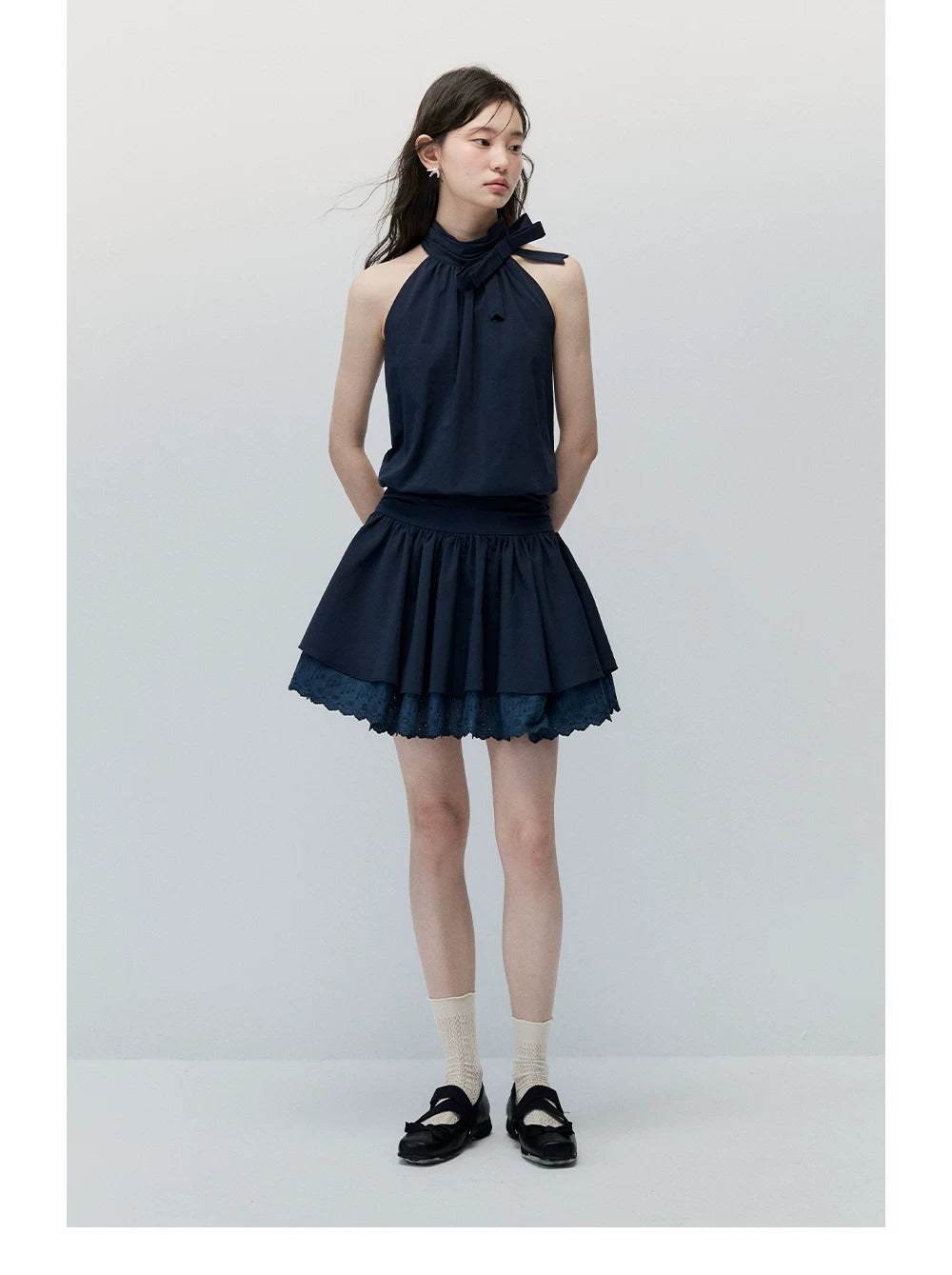 Navy Blue Bow-Tie Halter Dress with Double-Layer Lace Hem