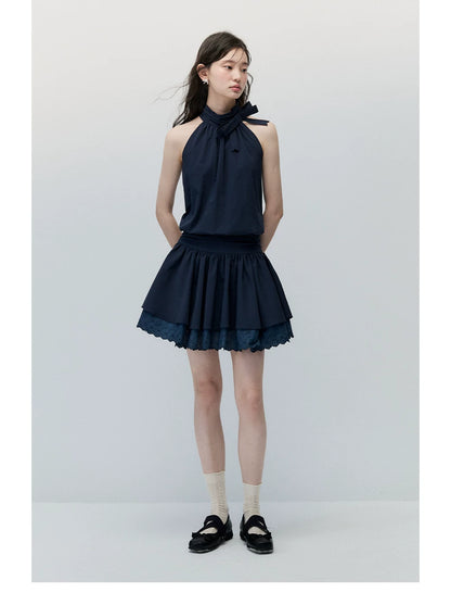 Navy Blue Bow-Tie Halter Dress with Double-Layer Lace Hem