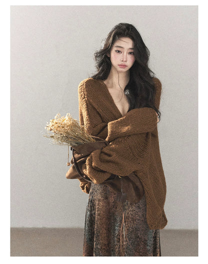 AOMALM - "Draped in Wild Wind" Cocoa Brown Leopard Flocked Bias-Cut Mermaid Maxi Dress (With Matching Hair Tie)