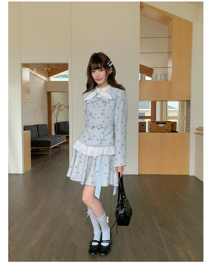“Bluebell Letter” Light Blue Plaid Blazer Top & Ribbon Skirt
