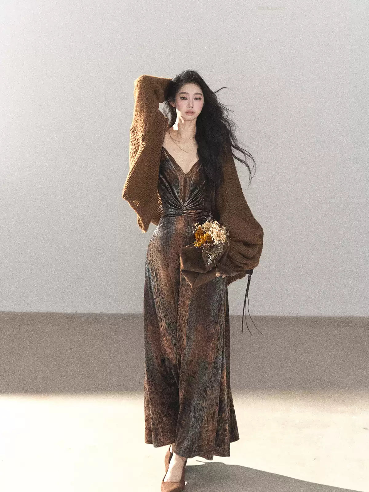 AOMALM - "Draped in Wild Wind" Cocoa Brown Leopard Flocked Bias-Cut Mermaid Maxi Dress (With Matching Hair Tie)