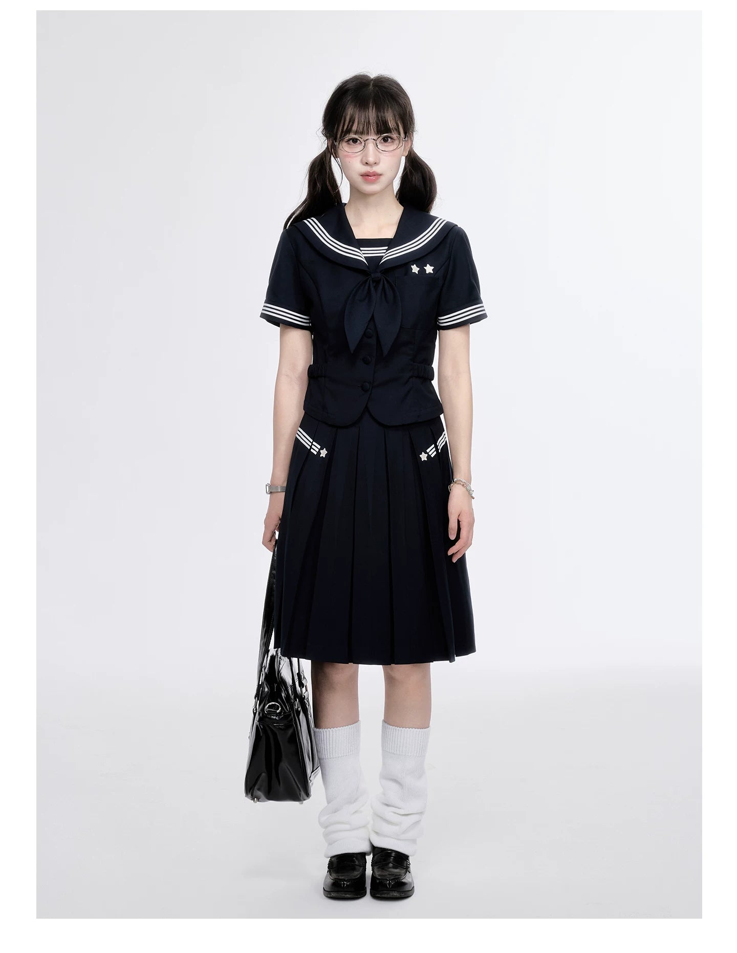 "Evening Star" Navy Sailor Uniform Collection (Sailor Blouse with Scarf / Pleated Midi Skirt)