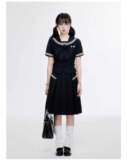"Evening Star" Navy Sailor Uniform Collection (Sailor Blouse with Scarf / Pleated Midi Skirt)