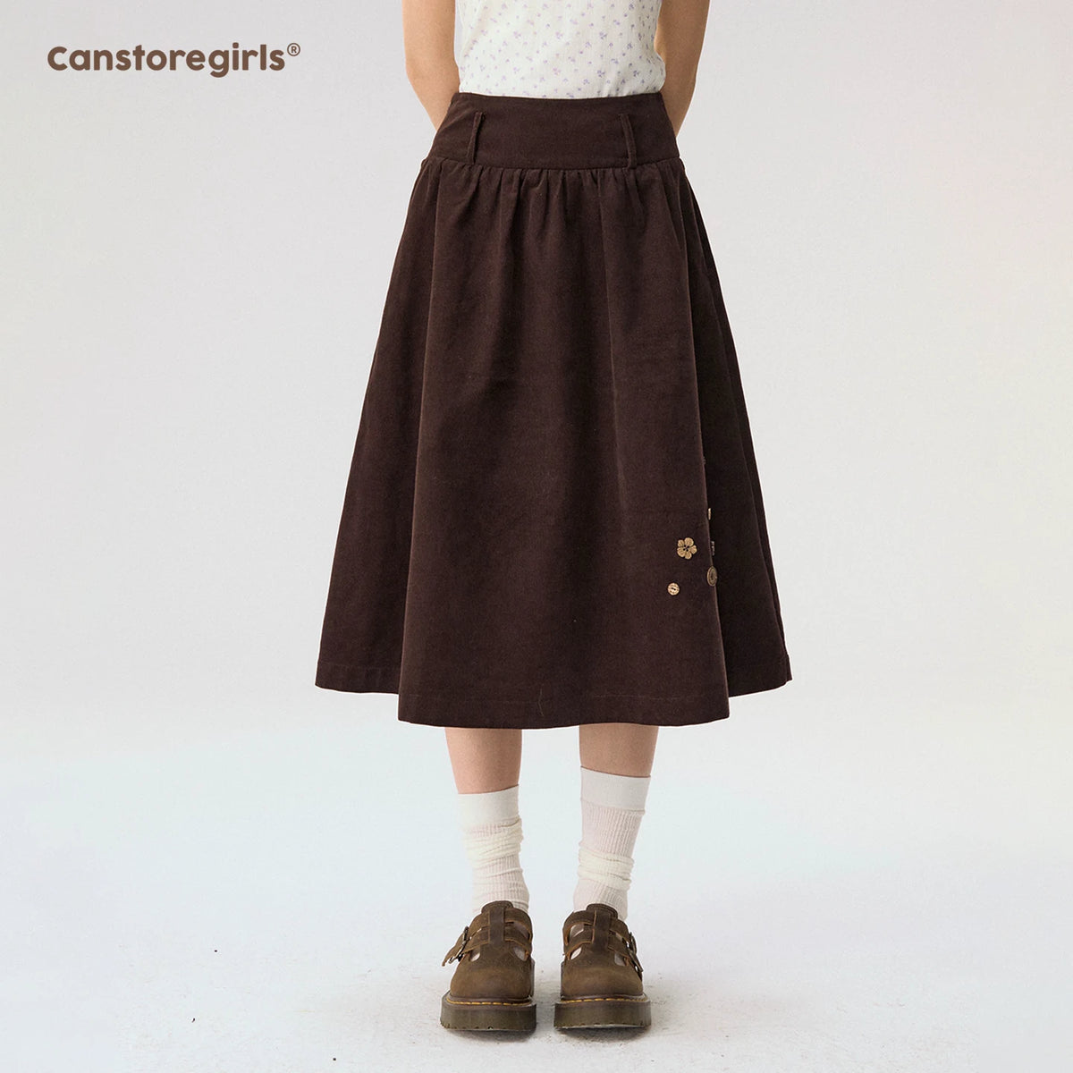 [CAN] “Caramel Glow” Brown Corduroy High-Waist A-Line Skirt