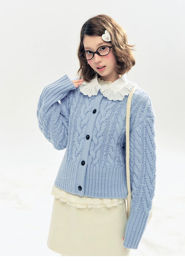 "Cotton Mousse" Cable Knit Cardigan with Detachable Ruffle Collar (Cotton Blue/ Soft White)