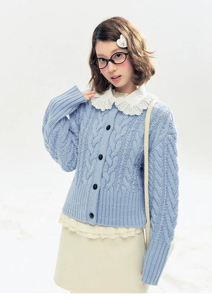 "Cotton Mousse" Cable Knit Cardigan with Detachable Ruffle Collar (Cotton Blue/ Soft White)