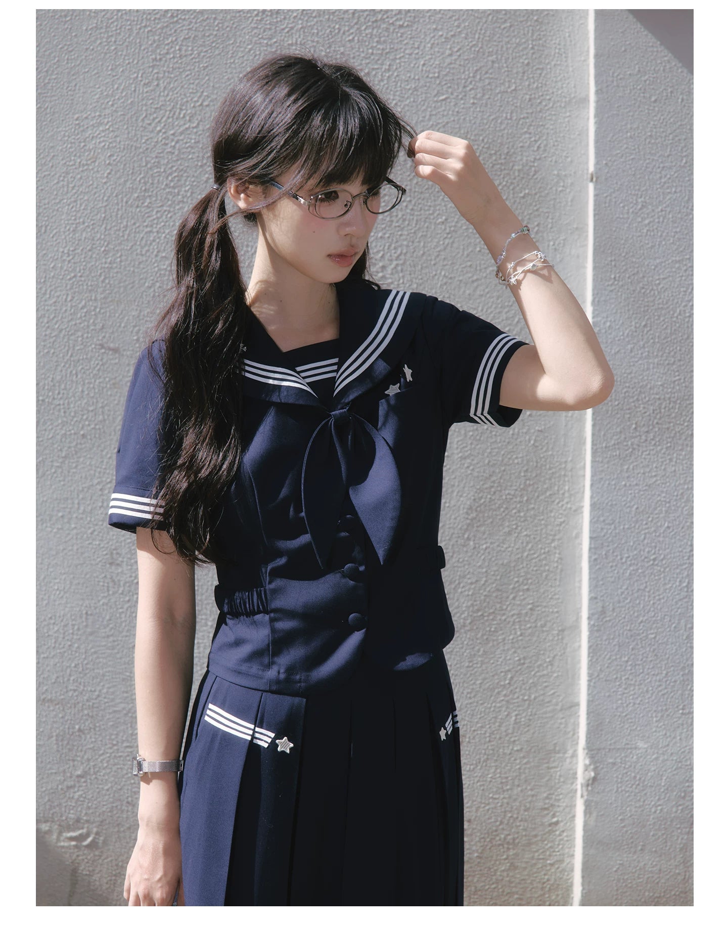 "Evening Star" Navy Sailor Uniform Collection (Sailor Blouse with Scarf / Pleated Midi Skirt)