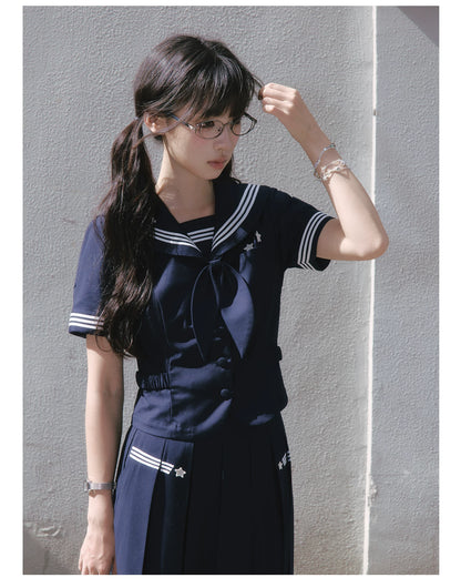 "Evening Star" Navy Sailor Uniform Collection (Sailor Blouse with Scarf / Pleated Midi Skirt)
