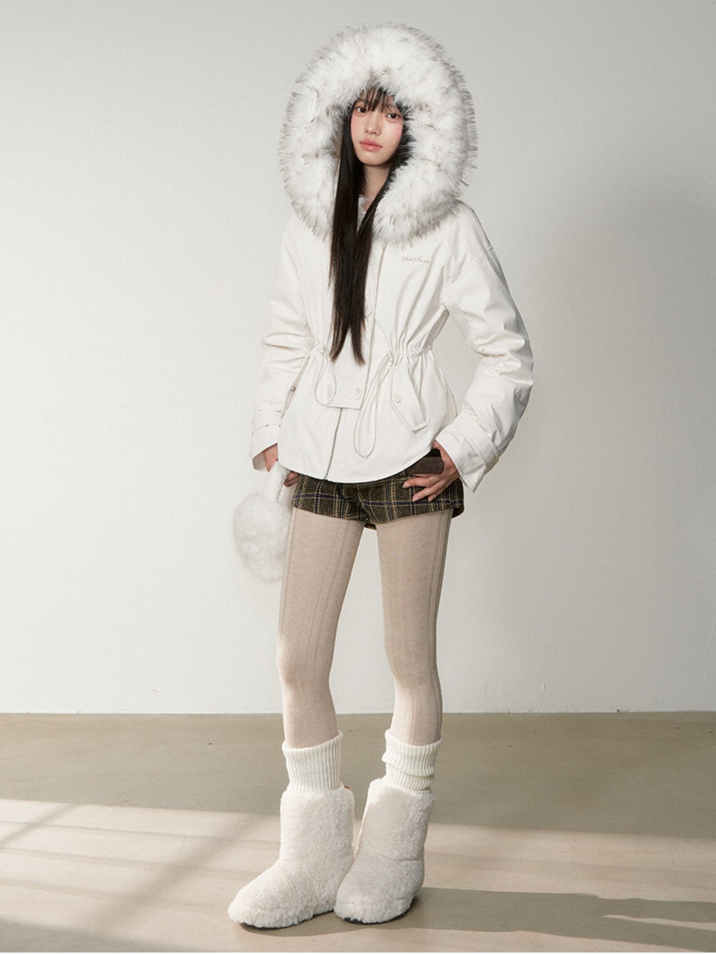 Soote Season - “Cloud Waistline” Cloud Mist White Faux Fur Collar Cinched Puffer Parka