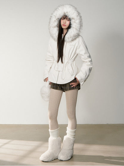 Soote Season - “Cloud Waistline” Cloud Mist White Faux Fur Collar Cinched Puffer Parka