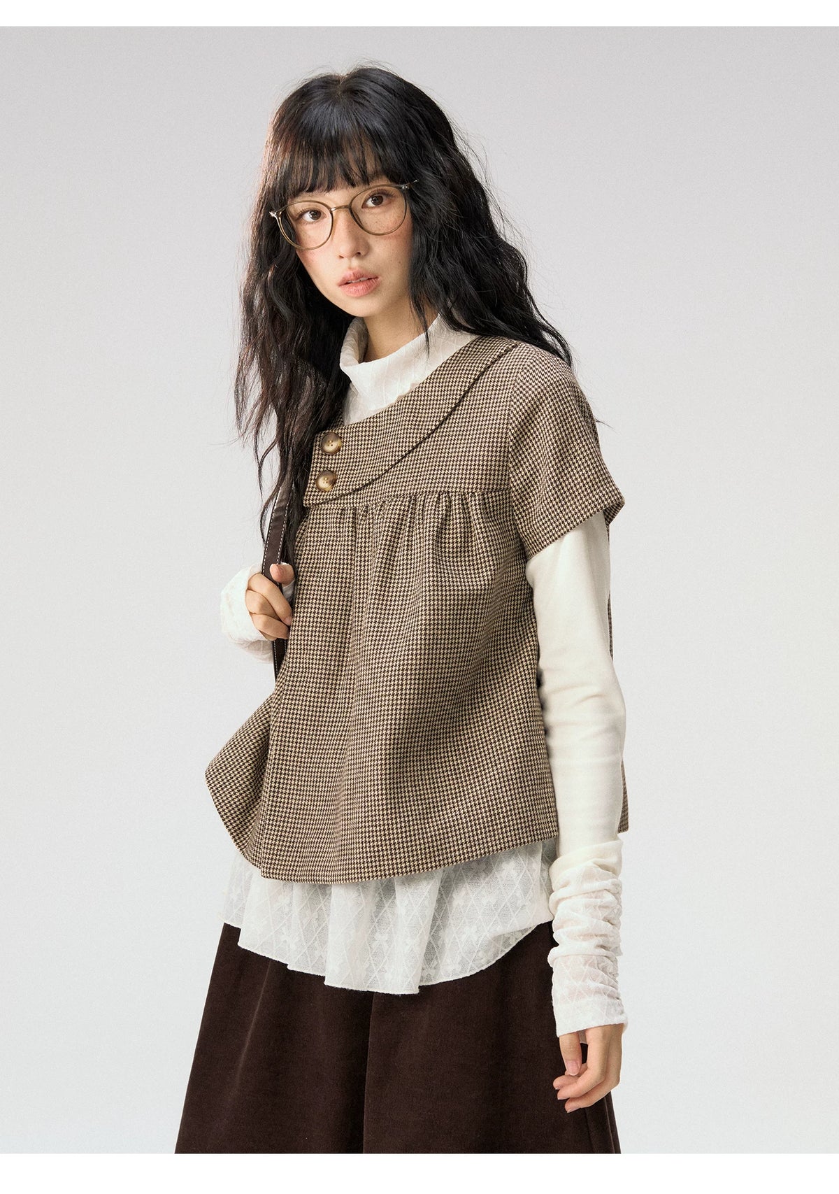 [CAN] “Autumn Plaid Letter” Brown Houndstooth Asymmetric Collar Top