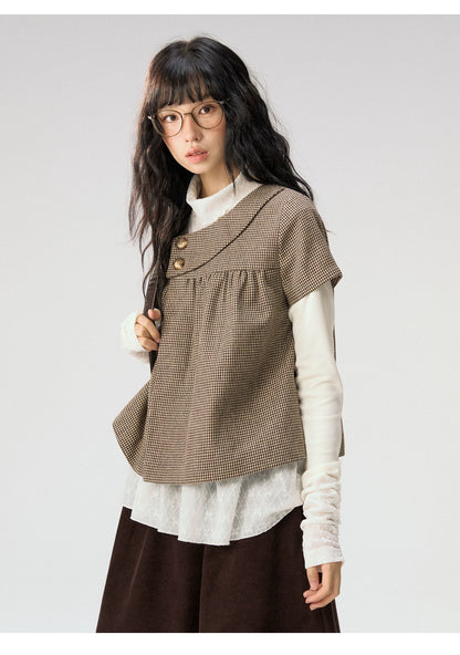 [CAN] “Autumn Plaid Letter” Brown Houndstooth Asymmetric Collar Top