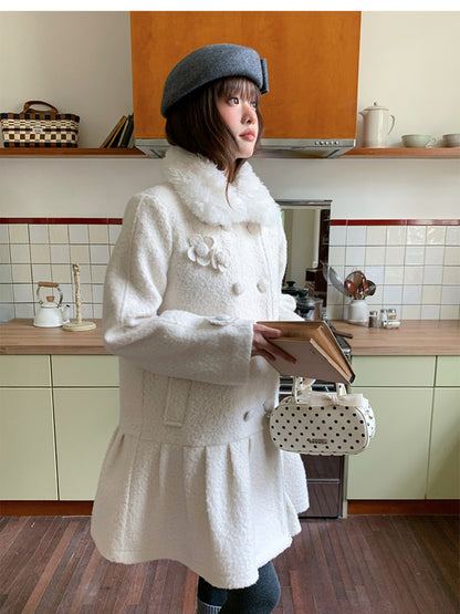 阮阮自制 - Birch Lily Milky White Detachable Fur Wool Coat