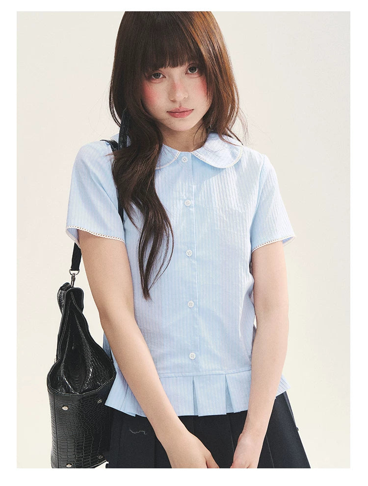 "Citrus Sea Salt" Stripe Lace Peter Pan Collar Pleated Shirt (White Blue / Blue White)