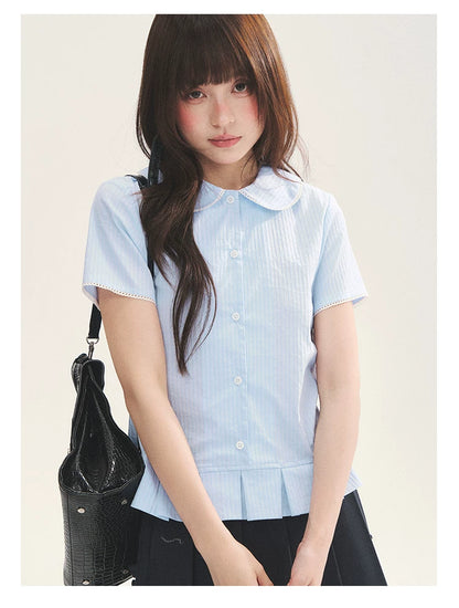 "Citrus Sea Salt" Stripe Lace Peter Pan Collar Pleated Shirt (White Blue / Blue White)